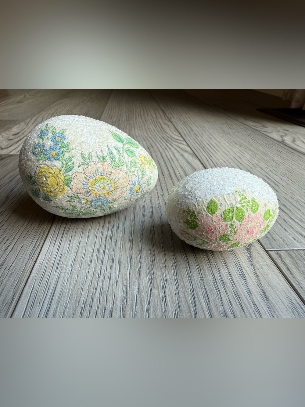 Set of 2 Vintage Ceramic “Sugar” Coated Floral Easter Eggs